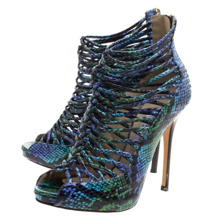 Pre Owned Jimmy Choo Two Tone Python Leather Quaker Elaphe Open Toe Sandals Size 39.5