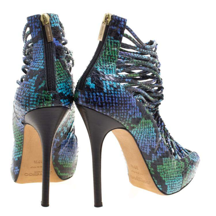 Pre Owned Jimmy Choo Two Tone Python Leather Quaker Elaphe Open Toe Sandals Size 39.5