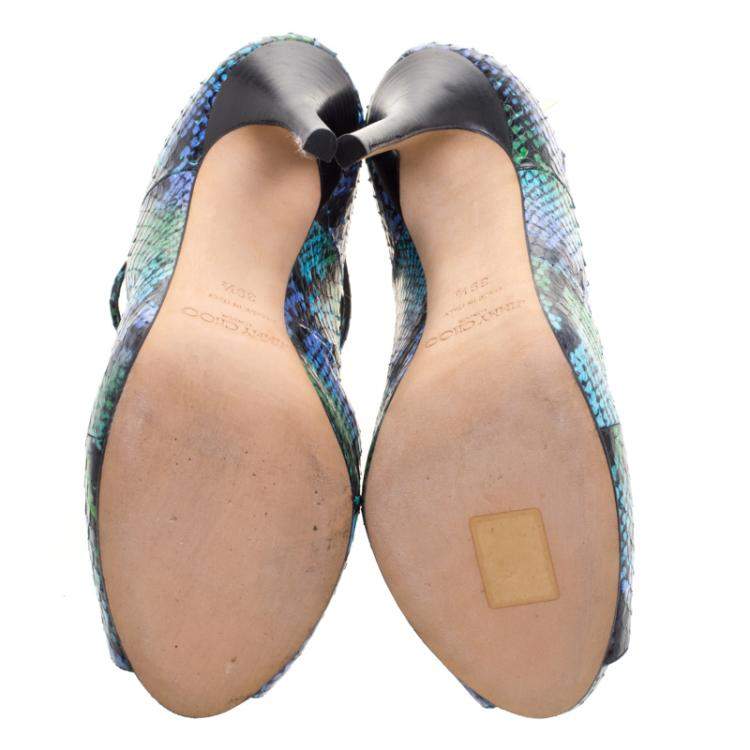 Pre Owned Jimmy Choo Two Tone Python Leather Quaker Elaphe Open Toe Sandals Size 39.5