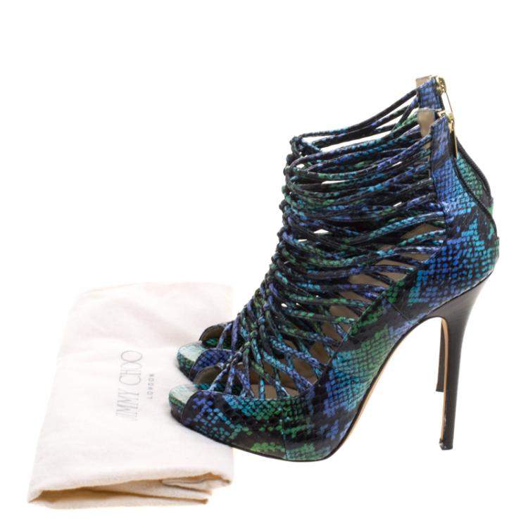 Pre Owned Jimmy Choo Two Tone Python Leather Quaker Elaphe Open Toe Sandals Size 39.5