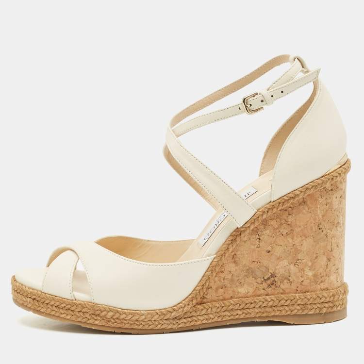 Pre Owned Jimmy Choo Off White Leather Alanah Cork Wedge Sandals Size 41