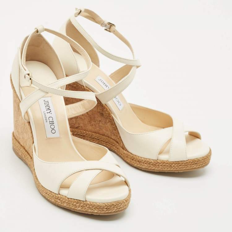 Pre Owned Jimmy Choo Off White Leather Alanah Cork Wedge Sandals Size 41