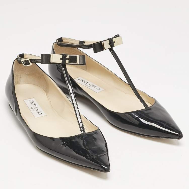Pre Owned Jimmy Choo Black Patent Leather Bow Ankle Strap Ballet Flats Size 41