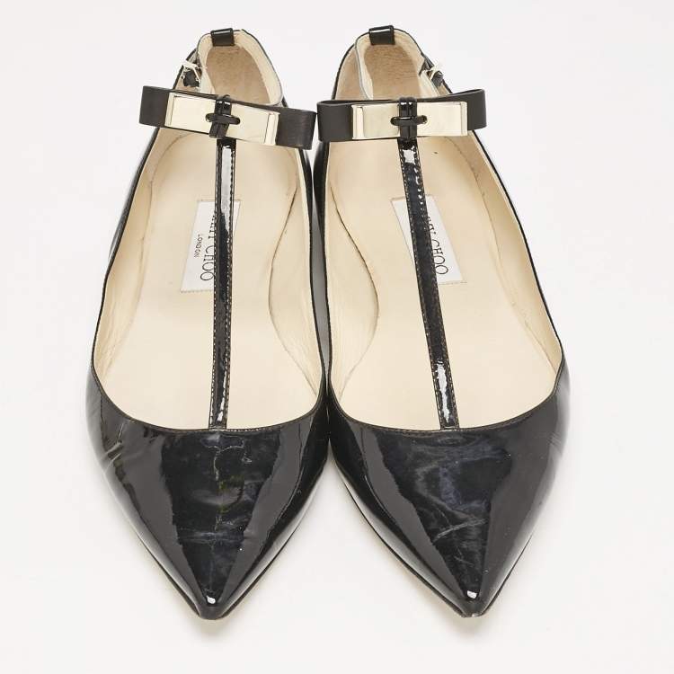 Pre Owned Jimmy Choo Black Patent Leather Bow Ankle Strap Ballet Flats Size 41