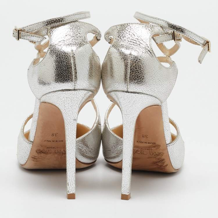 Pre Owned Jimmy Choo Metallic Silver Leather Lancer Ankle Strap Pumps Size 38