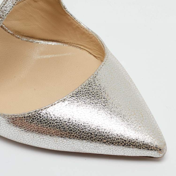 Pre Owned Jimmy Choo Metallic Silver Leather Lancer Ankle Strap Pumps Size 38