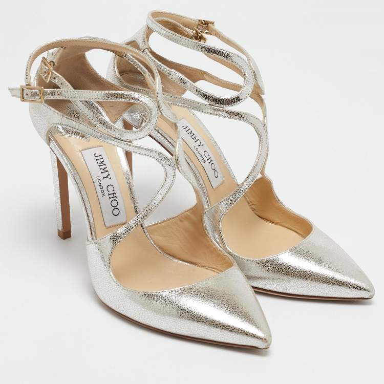 Pre Owned Jimmy Choo Metallic Silver Leather Lancer Ankle Strap Pumps Size 38