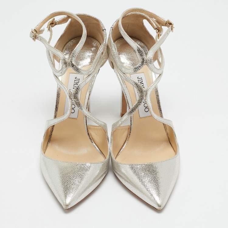 Pre Owned Jimmy Choo Metallic Silver Leather Lancer Ankle Strap Pumps Size 38