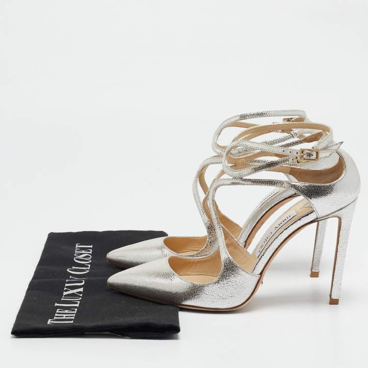 Pre Owned Jimmy Choo Metallic Silver Leather Lancer Ankle Strap Pumps Size 38