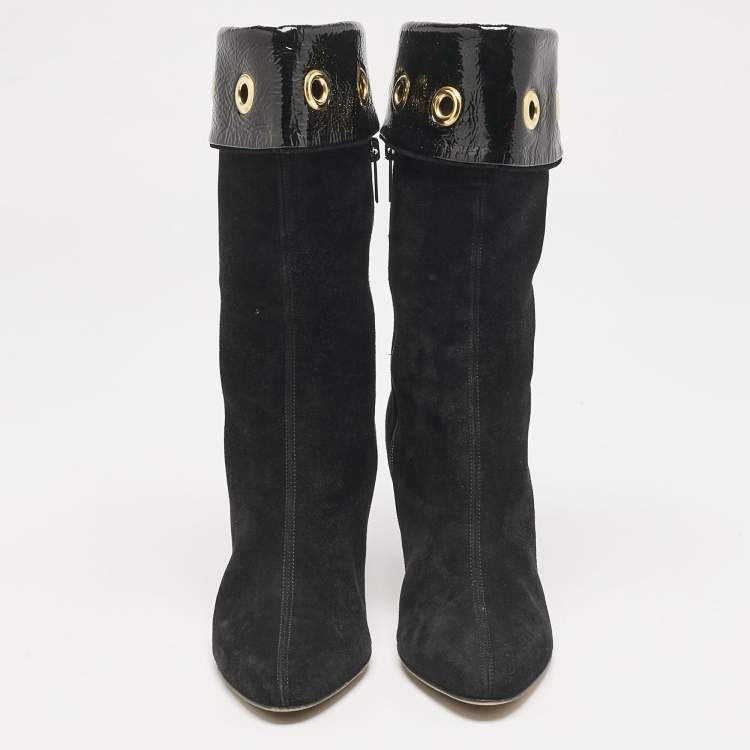 Pre Owned Jimmy Choo Black Patent Leather and Suede Eyelet Mid Calf Boots Size 36