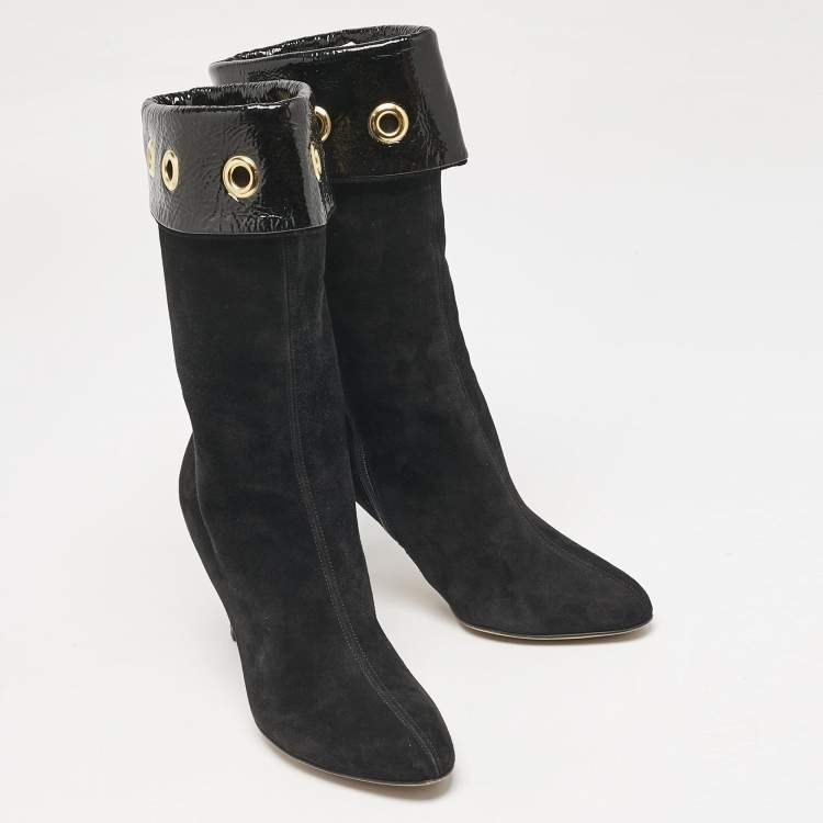 Pre Owned Jimmy Choo Black Patent Leather and Suede Eyelet Mid Calf Boots Size 36