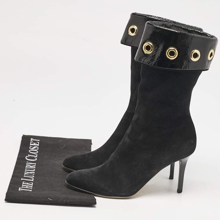 Pre Owned Jimmy Choo Black Patent Leather and Suede Eyelet Mid Calf Boots Size 36