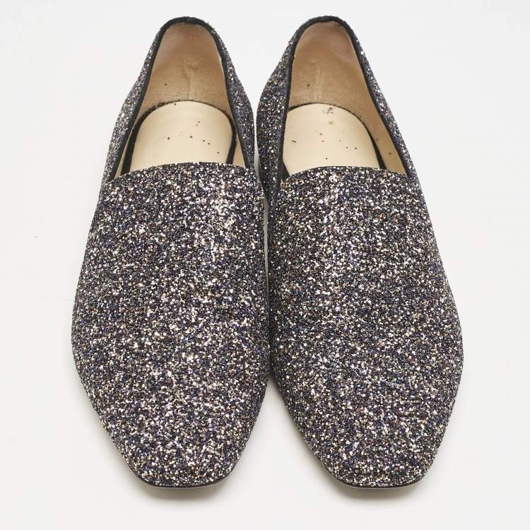 Pre Owned Jimmy Choo Black/Silver Glitter Jaida Smoking Slippers Size 37