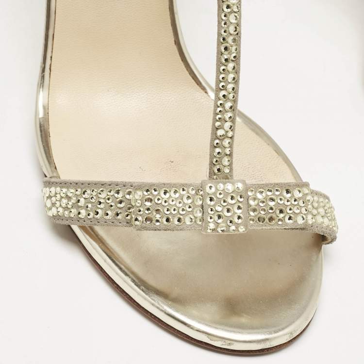 Pre Owned Jimmy Choo Gold Leather and Suede Crystal Embellished Escape T-Strap Sandals Size 38