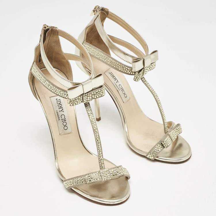 Pre Owned Jimmy Choo Gold Leather and Suede Crystal Embellished Escape T-Strap Sandals Size 38