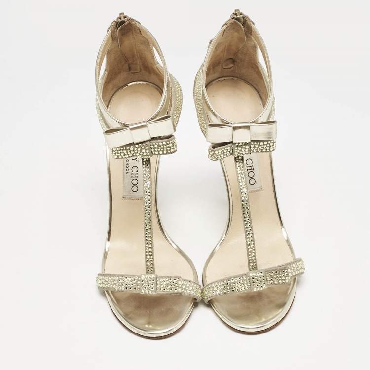 Pre Owned Jimmy Choo Gold Leather and Suede Crystal Embellished Escape T-Strap Sandals Size 38