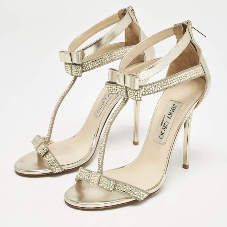Pre Owned Jimmy Choo Gold Leather and Suede Crystal Embellished Escape T-Strap Sandals Size 38