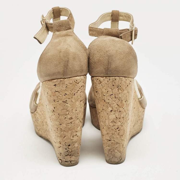 Pre Owned Jimmy Choo Beige Suede Pela Cork T-Strap Sandals Size 38
