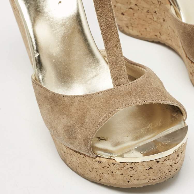 Pre Owned Jimmy Choo Beige Suede Pela Cork T-Strap Sandals Size 38