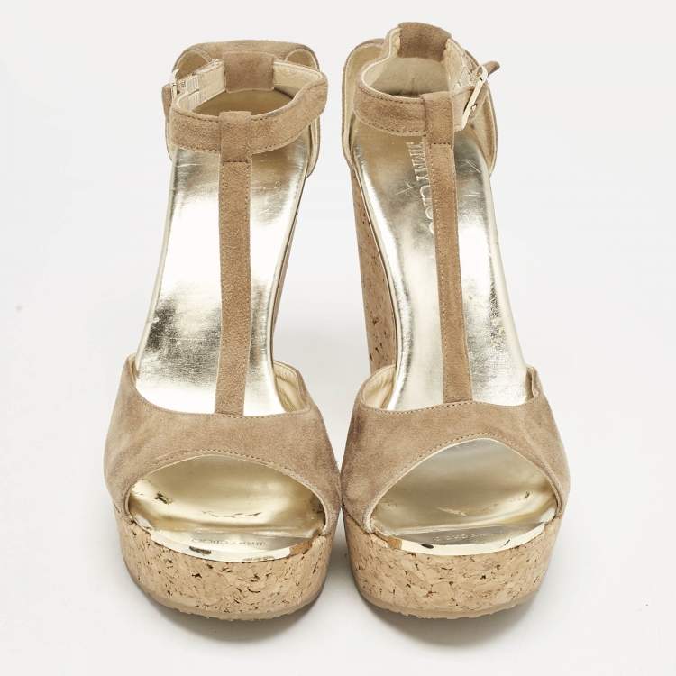 Pre Owned Jimmy Choo Beige Suede Pela Cork T-Strap Sandals Size 38