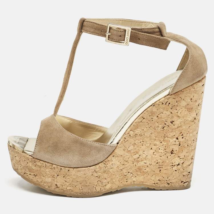 Pre Owned Jimmy Choo Beige Suede Pela Cork T-Strap Sandals Size 38