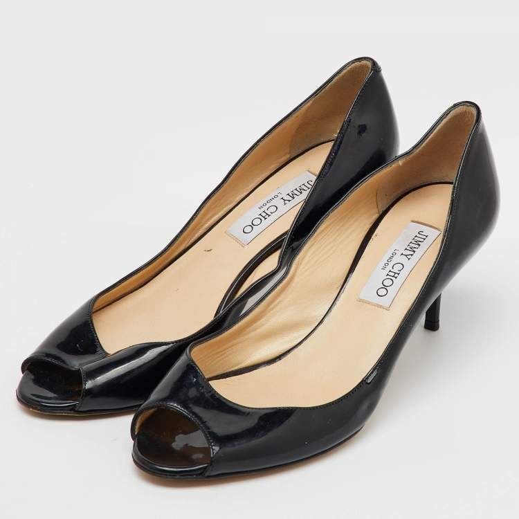 Pre Owned Jimmy Choo Black Patent Leather Peep Toe Pumps Size 37.5