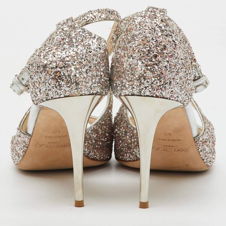 Pre Owned Jimmy Choo Metallic Silver Coarse Glitter Emily Open Toe Sandals Size 40