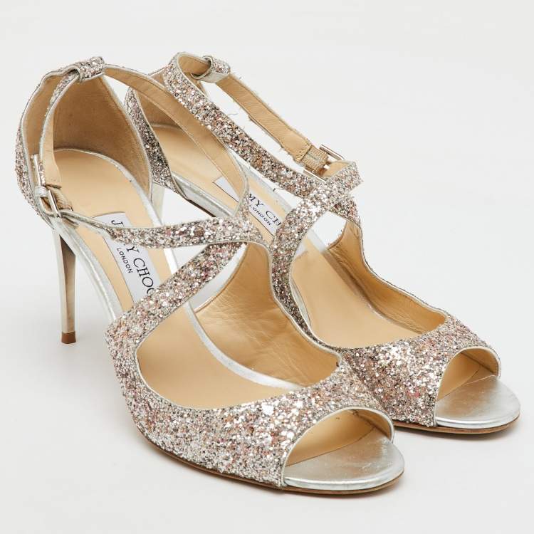 Pre Owned Jimmy Choo Metallic Silver Coarse Glitter Emily Open Toe Sandals Size 40