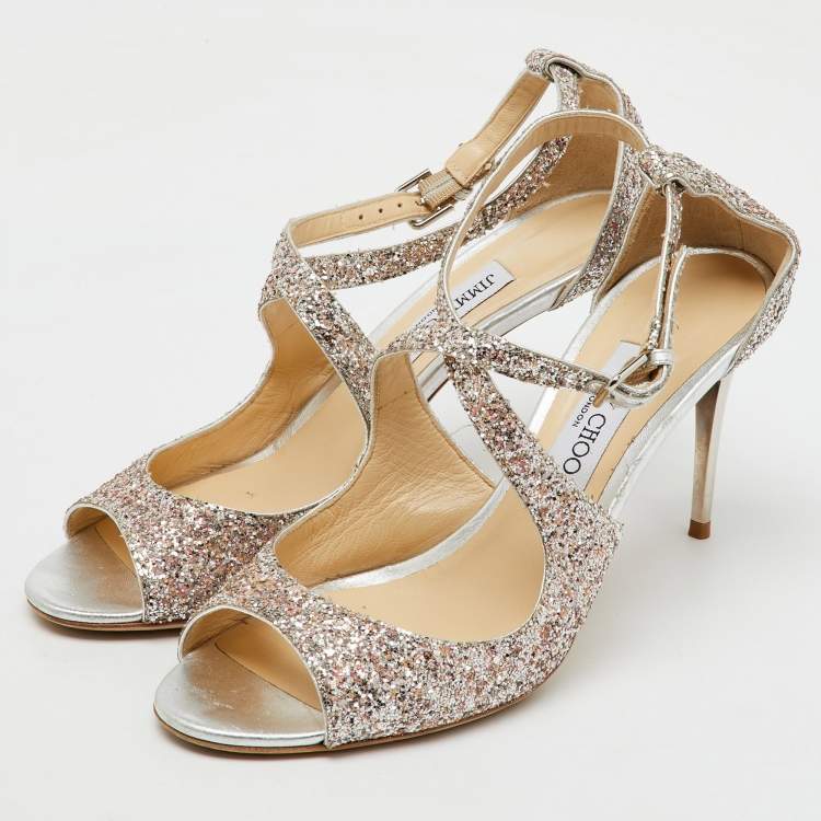 Pre Owned Jimmy Choo Metallic Silver Coarse Glitter Emily Open Toe Sandals Size 40
