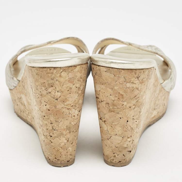 Pre Owned Jimmy Choo Grey Python Embossed Leather Prima Cork Wedge Platform Sandals Size 38