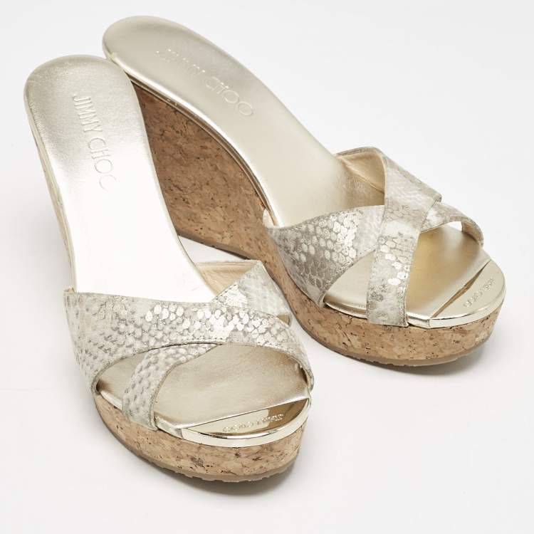 Pre Owned Jimmy Choo Grey Python Embossed Leather Prima Cork Wedge Platform Sandals Size 38