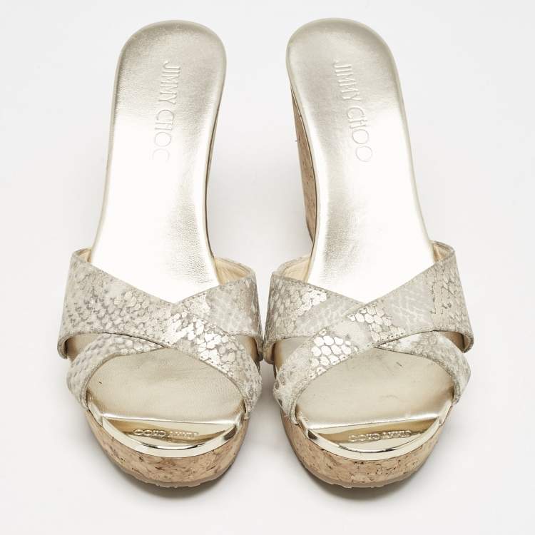 Pre Owned Jimmy Choo Grey Python Embossed Leather Prima Cork Wedge Platform Sandals Size 38