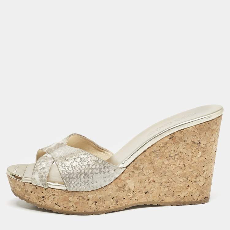 Pre Owned Jimmy Choo Grey Python Embossed Leather Prima Cork Wedge Platform Sandals Size 38