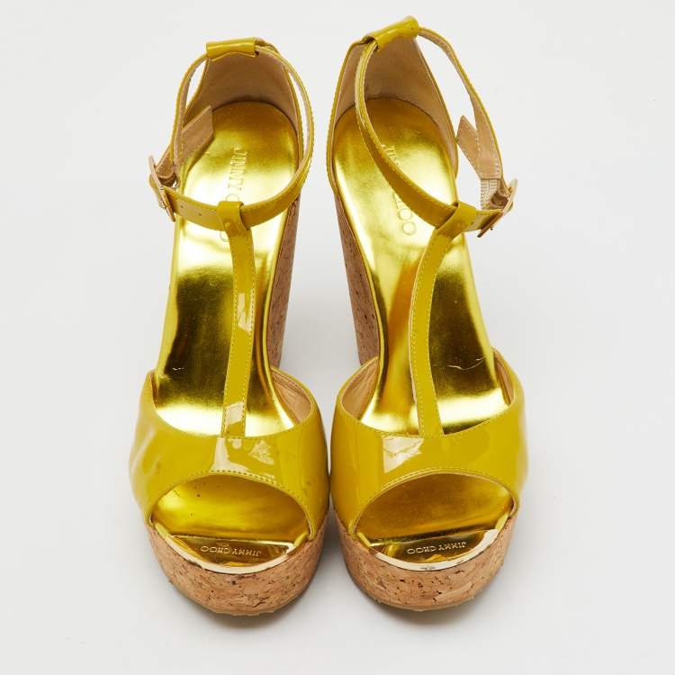 Pre Owned Jimmy Choo Lime Green Patent Leather Pania Cork Wedge T Strap Sandals Size 39.5