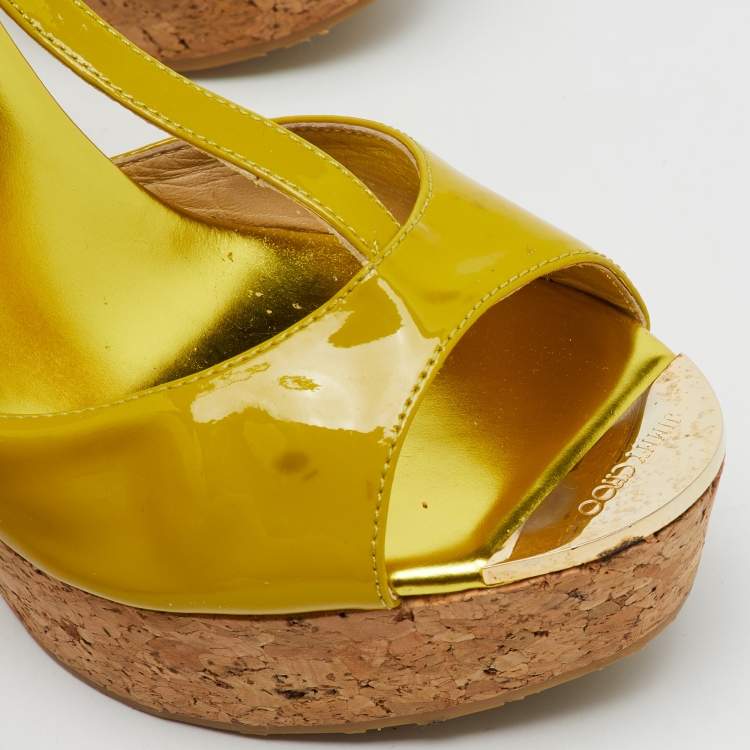 Pre Owned Jimmy Choo Lime Green Patent Leather Pania Cork Wedge T Strap Sandals Size 39.5