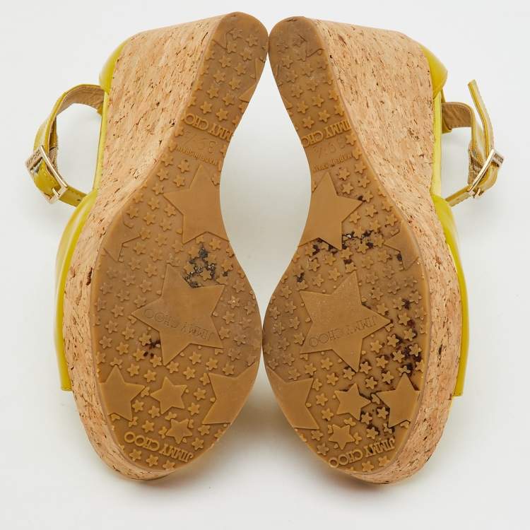Pre Owned Jimmy Choo Lime Green Patent Leather Pania Cork Wedge T Strap Sandals Size 39.5