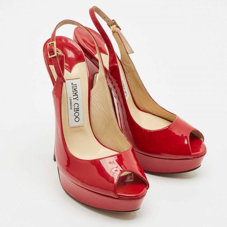 Pre Owned Jimmy Choo Red Patent Leather Nova Slingback Peep Toe Platform Pumps Size 37