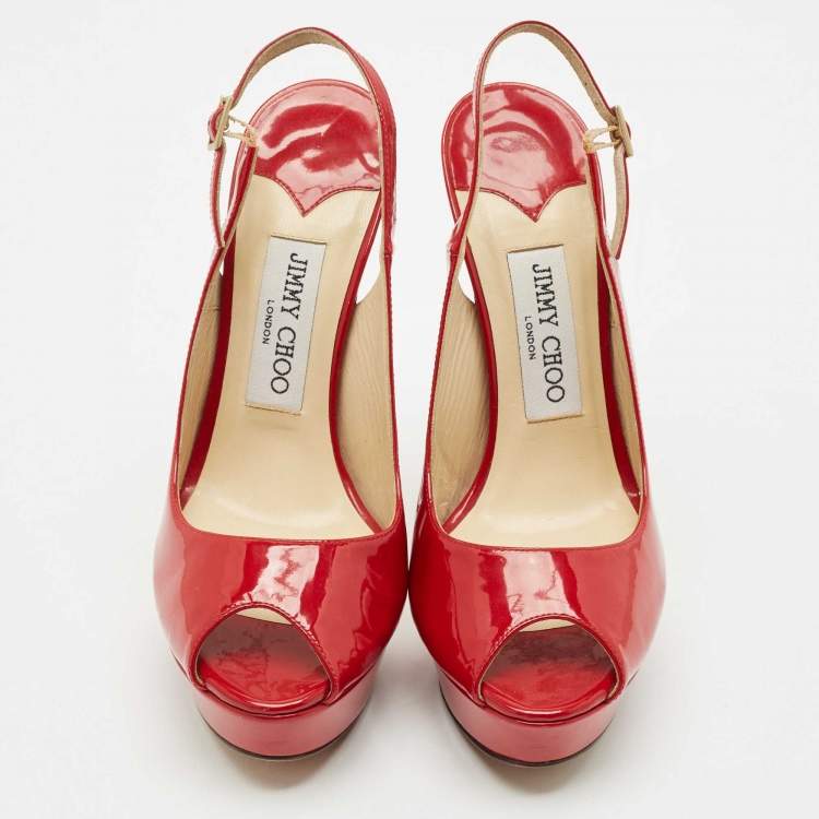 Pre Owned Jimmy Choo Red Patent Leather Nova Slingback Peep Toe Platform Pumps Size 37