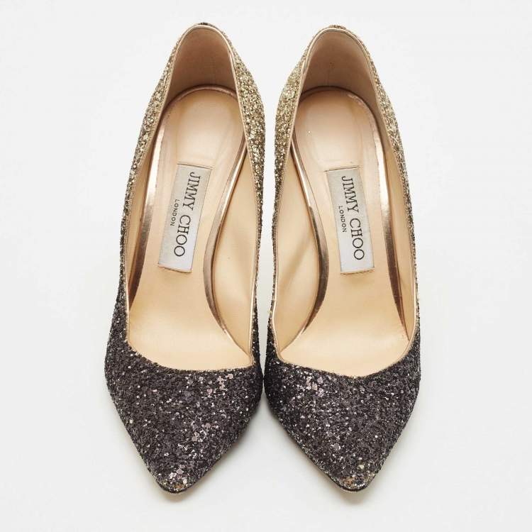 Pre Owned Jimmy Choo Metallic Black/Gold Ombre Coarse Glitter Romy Pointed Toe Pumps Size 37