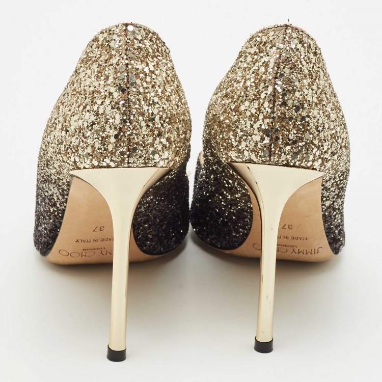 Pre Owned Jimmy Choo Metallic Black/Gold Ombre Coarse Glitter Romy Pointed Toe Pumps Size 37
