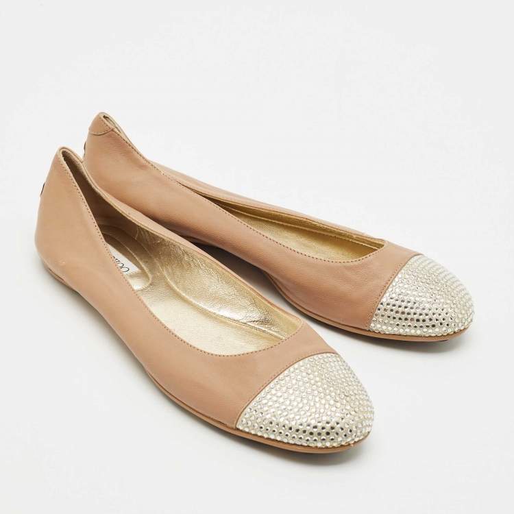 Pre Owned Jimmy Choo Beige/Gold Leather Waine Crystal Embellished Cap Toe Ballet Flats Size 38.5