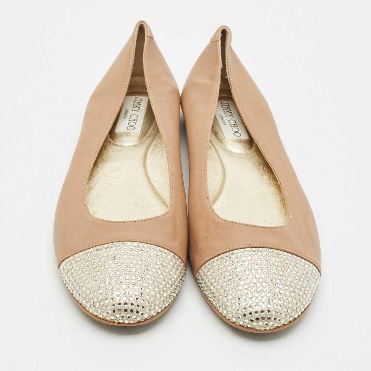Pre Owned Jimmy Choo Beige/Gold Leather Waine Crystal Embellished Cap Toe Ballet Flats Size 38.5