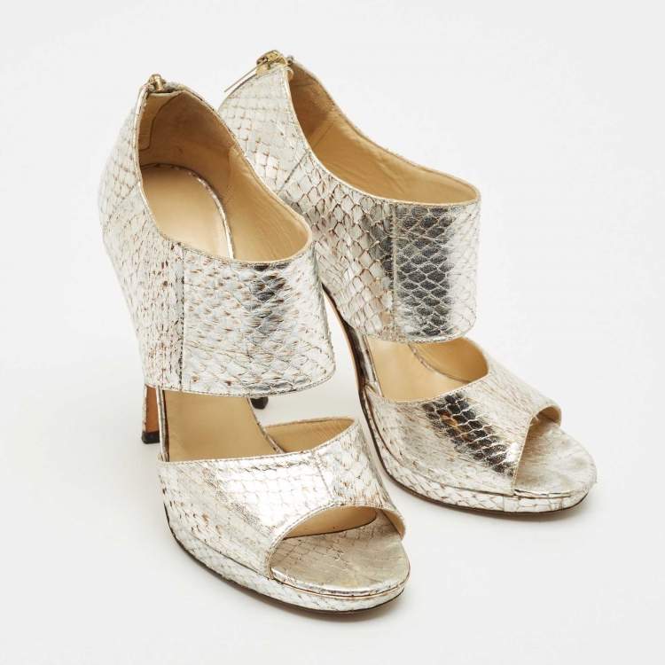 Pre Owned Jimmy Choo Metallic Python Embossed Leather Private Sandals Size 37.5
