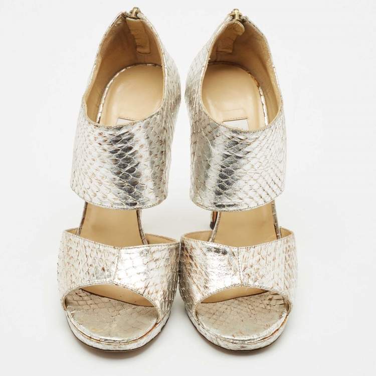 Pre Owned Jimmy Choo Metallic Python Embossed Leather Private Sandals Size 37.5