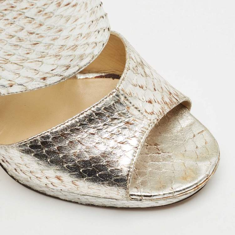 Pre Owned Jimmy Choo Metallic Python Embossed Leather Private Sandals Size 37.5
