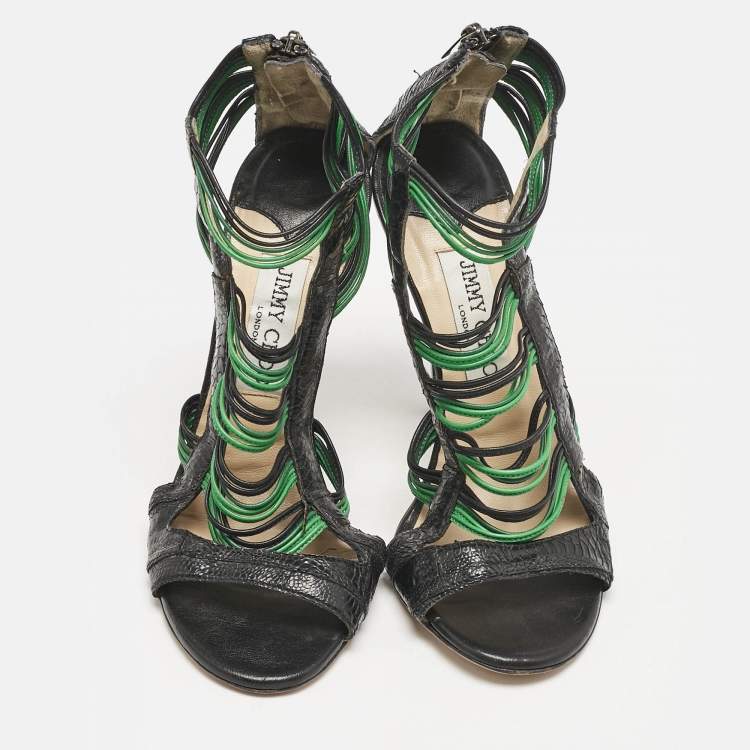 Pre Owned Jimmy Choo Black/Green Ostrich Leg Leather Corsica Ankle Strap Sandals Size 38