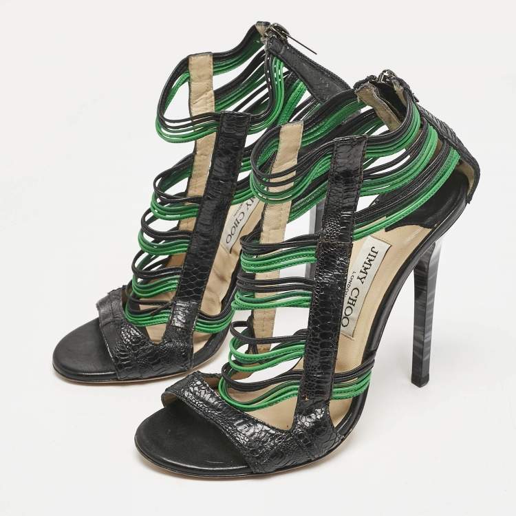 Pre Owned Jimmy Choo Black/Green Ostrich Leg Leather Corsica Ankle Strap Sandals Size 38