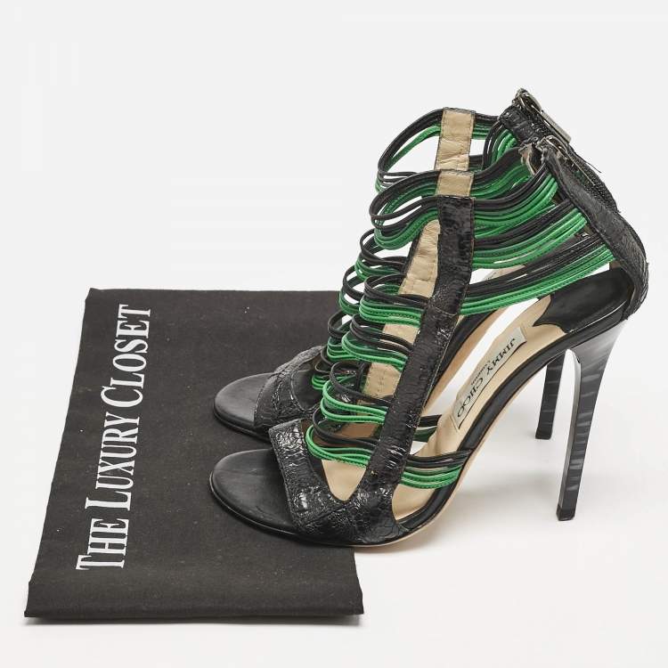 Pre Owned Jimmy Choo Black/Green Ostrich Leg Leather Corsica Ankle Strap Sandals Size 38