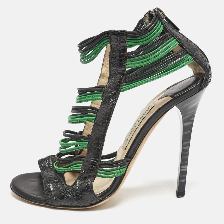 Pre Owned Jimmy Choo Black/Green Ostrich Leg Leather Corsica Ankle Strap Sandals Size 38