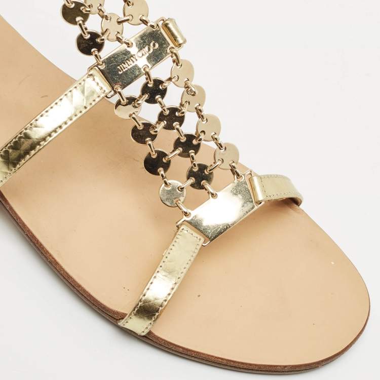 مملوكة مسبقًا Jimmy Choo Gold Patent Leather Embellished T Strap Flat Sandals Size 39